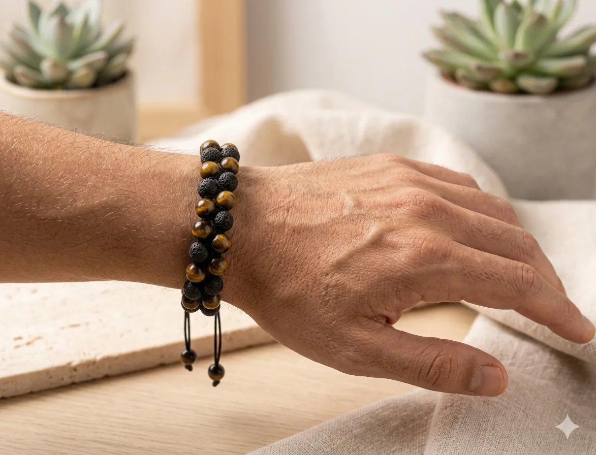 Portada: pulsera doble de ojo de tigre y piedra volcánica en la mano